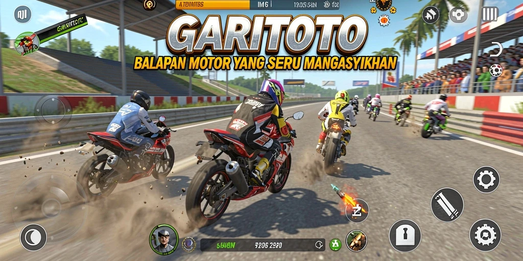 Tampilan gameplay GARITOTO dengan balapan motor yang mendebarkan.