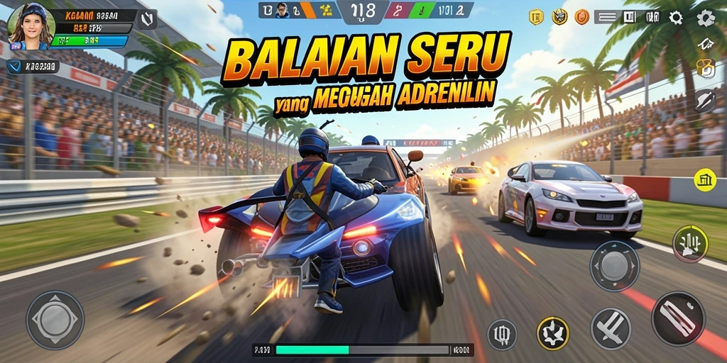 Tampilan dinamis gameplay balapan KAGANDAN dengan berbagai mobil.