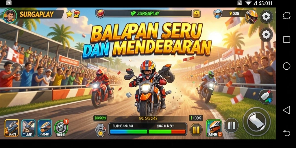 Tampilan gameplay SURGAPLAY yang menegangkan saat balapan di jalanan kota.